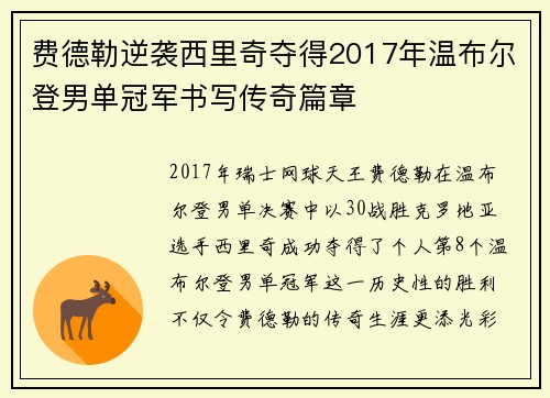 费德勒逆袭西里奇夺得2017年温布尔登男单冠军书写传奇篇章