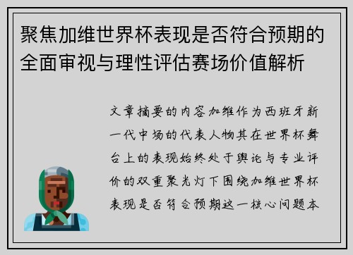 聚焦加维世界杯表现是否符合预期的全面审视与理性评估赛场价值解析